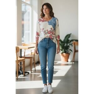 Coldwater Creek Womens 1X Floral 3/4 Sleeve Cream Red Blue Blouse
